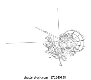 Esquema del concepto de satélite de comunicaciones. Representación vectorial de 3d. Estilo de marco de cables. Las capas de líneas visibles e invisibles están separadas