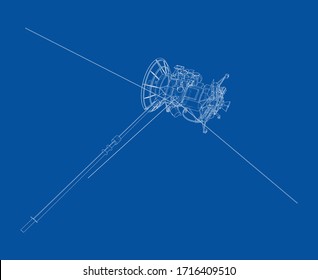 Esquema del concepto de satélite de comunicaciones. Representación vectorial de 3d. Estilo de marco de cables. Las capas de líneas visibles e invisibles están separadas