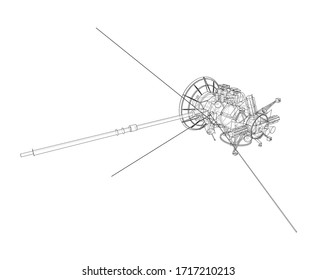 Communication satellite concept outline. Vector rendering of 3d. Wire-frame style. The layers of visible and invisible lines are separated