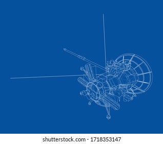 Communication satellite concept outline. Vector rendering of 3d. Wire-frame style. The layers of visible and invisible lines are separated