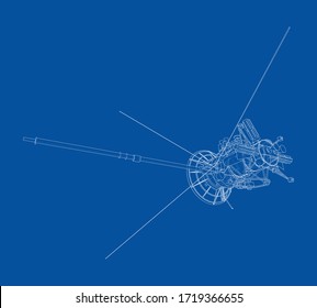 Esquema del concepto de satélite de comunicaciones. Representación vectorial de 3d. Estilo de marco de cables. Las capas de líneas visibles e invisibles están separadas