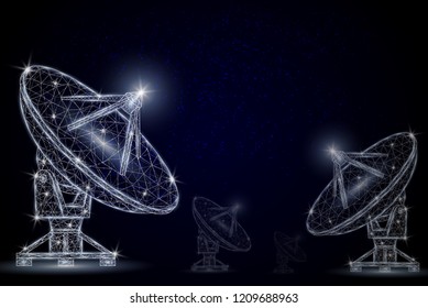 Communication satellite dish low poly wireframe mesh made of points, lines and shapes. Vector polygonal art style illustration. Telecommunication technology poster banner template.