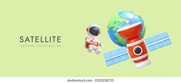 Communication satellite, Earth, astronaut in outer space. Global positioning system, GPS. Data collection and transmission services. Espionage, monitoring, surveillance