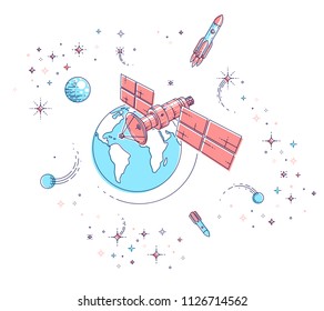 Communication satellite flying orbital spaceflight around earth, spacecraft space station with solar panels and satellite antenna plate, with rockets, stars and other elements. Vector.