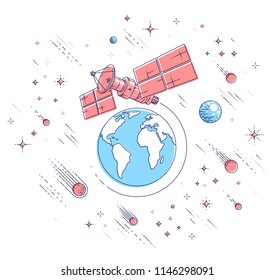 Communication satellite flying orbital spaceflight around earth, spacecraft space station with solar panels and satellite antenna plate, under meteor rain and stars. Vector.