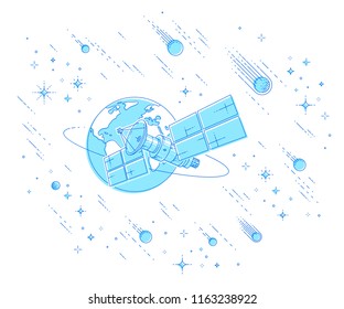 Communication satellite flying orbital spaceflight around earth, spacecraft space station with solar panels and satellite antenna plate, under meteor rain and stars. Vector.