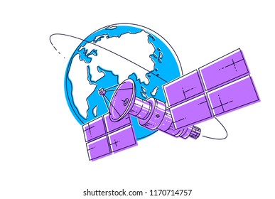 Communication satellite flying orbital spaceflight around earth, spacecraft space station with solar panels and satellite antenna plate. Thin line 3d vector illustration.
