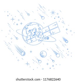 Communication satellite flying orbital spaceflight around earth, spacecraft space station with solar panels and satellite antenna plate, under meteor rain and stars. Vector.