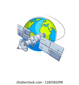Communication satellite flying orbital spaceflight around earth, spacecraft space station with solar panels and satellite antenna plate. Thin line 3d vector illustration.