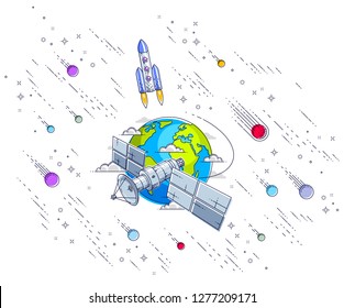 Communication satellite flying orbital spaceflight around earth, spacecraft space station with solar panels and satellite antenna plate, with rockets, stars and other elements. Vector.