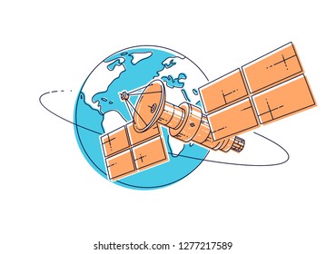 Communication satellite flying orbital spaceflight around earth, spacecraft space station with solar panels and satellite antenna plate. Thin line 3d vector illustration.