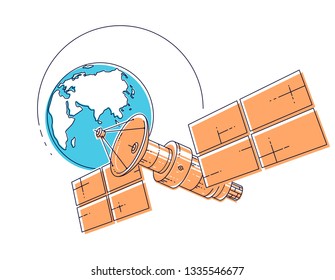 Communication satellite flying orbital spaceflight around earth, spacecraft space station with solar panels and satellite antenna plate. Thin line 3d vector illustration.