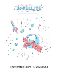 Communication satellite flying orbital spaceflight around earth, spacecraft space station with solar panels and satellite antenna plate, with rockets, stars and other elements. Vector.