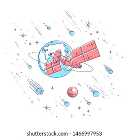 Communication satellite flying orbital spaceflight around earth, spacecraft space station with solar panels and satellite antenna plate, under meteor rain and stars. Vector.