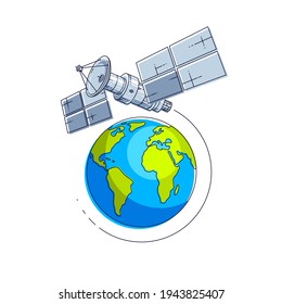 Communication satellite flying orbital spaceflight around earth, spacecraft space station with solar panels and satellite antenna plate. Thin line 3d vector illustration.