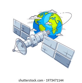 Communication satellite flying orbital spaceflight around earth, spacecraft space station with solar panels and satellite antenna plate. Thin line 3d vector illustration.