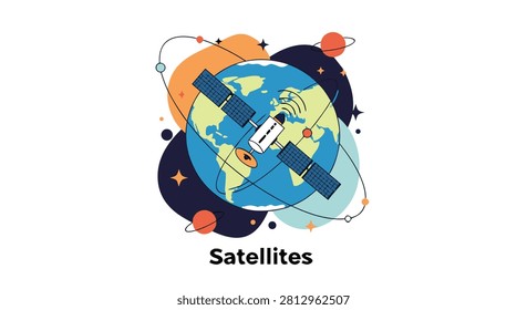 Communication satellite orbiting Earth planet with solar panels in starry cosmic space scientific vector banner.