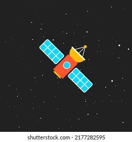 Communication satellite with solar panels, a spacecraft hovering in the black sky among the stars. Flat vector illustration.