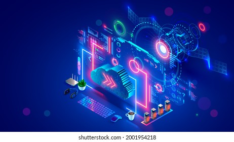 Communication satellite transmit signal of global satellite internet. Computer digital connection at www through wireless space signal. Cloud computing. Telecommunications network technology concept.