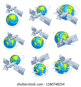 Communication satellites flying orbital spaceflight around earth, spacecraft space station with solar panels and satellite antenna plate. Thin line 3d vector illustrations set isolated.