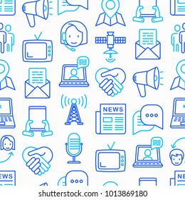 Communication seamless pattern with thin line icons: e-mail, newspaper, letter, chat, tv, support, video call, microphone. Modern vector illustration.