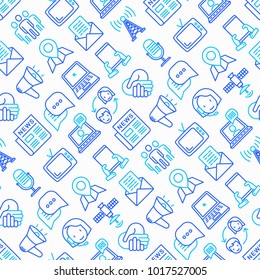 Communication Seamless Pattern With Thin Line Icons: E-mail, Newspaper, Letter, Chat, Tv, Support, Video Call, Microphone. Modern Vector Illustration.