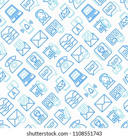 Communication seamless pattern with thin line icons: email, phone, chat, contacts, comment, inbox, translator, presentation, message, screen share, support. Vector illustration.