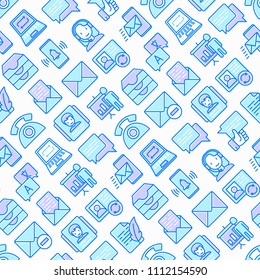 Communication seamless pattern with thin line icons: email, phone, chat, contacts, comment, inbox, translator, presentation, message, screen share, support. Vector illustration.