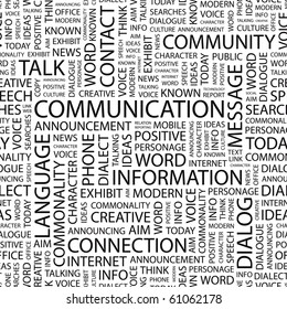 COMMUNICATION. Seamless vector pattern with word cloud. Illustration with different association terms.