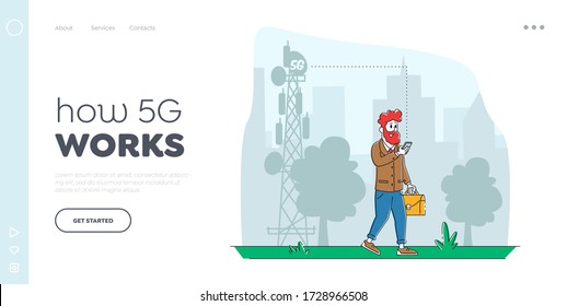 Communication Services for Gadgets, Smart Technologies Landing Page Template. Man Character with Mobile Phone Using 5G Internet for Chatting Texting in Social Networks. Linear Vector Illustration
