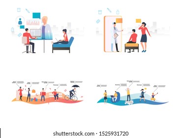 Communication services illustration set. People with devices consulting doctor, using wireless internet connection. Technology concept. Vector illustration for posters, presentations, landing pages