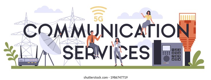 Communication services typographic header. Internet sector of the economy. Wireless technology industry. Modern global communication infrastructure. Isolated flat vector illustration