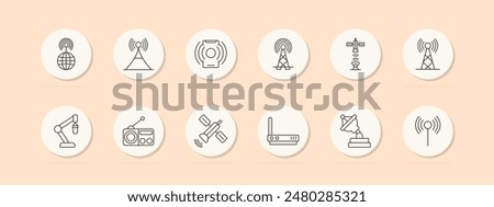 Communication set icon. Antenna, satellite, radio, router, signal, broadcast, microphone, transmitter, wireless, global connection, internet, networking. Telecommunication technology concept.