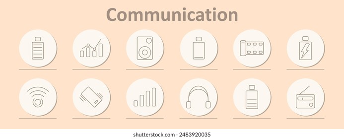 Communication set icon. Battery, chart, speaker, battery charge, film, signal, phone, WiFi, headphones, radio, mobile, reception.