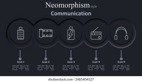 Communication set icon. Battery, film, electricity, radio, headphones, technology, interface, audio, device, digital, internet, media, web, power, connection, vector, illustration, communication
