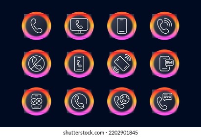 Communication set icon. Call, handset, telephone, wired telephone, correspondence, dialogue, communication, alarm clock, monitor, mail Contact us concept. Glassmorphism style. Vector line icon