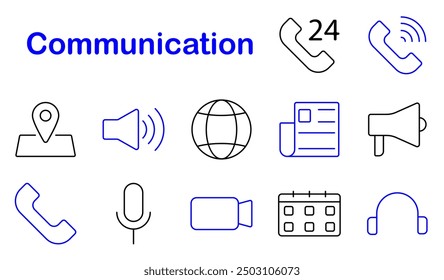 Icono de conjunto de comunicación. Video Llamada, micrófono, altavoz, ubicación, calendario, diario, megáfono, contacto, global, en línea, comunicación, digital, medios de comunicación, voz, Internet, hablar, Web, tecnología, icono