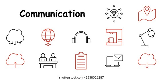 Communication set icon. Cloud connection, globe, headset, wifi, location, video conference, upload, team meeting, clipboard, email, download
