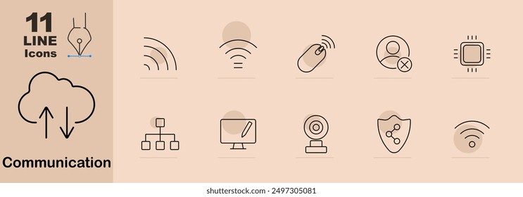 Communication set icon. Cloud storage, wifi, mouse, contacts, processor, network, monitor, webcam, security, connection, internet, technology, signal, digital, protection, device, online
