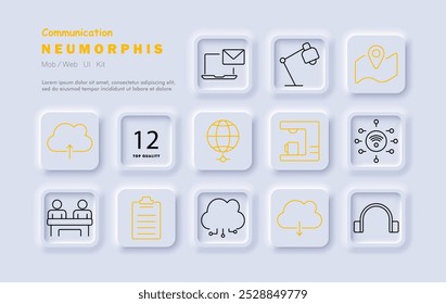 Communication set icon. Cloud upload, email, desk lamp, GPS location, clipboard, Wi-Fi, wireless network, globe, headphones, video conference, cloud storage