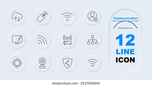 Kommunikationssatzsymbol. Cloud-Upload, Maus, Wi-Fi, Prozentsatz, Netzwerkdiagramm, Monitor, Webcam, Mikrochip, Router, Schild. Internet-Service, Kommunikationstechnologie, sicheres Netzwerk, Cloud-Speicher