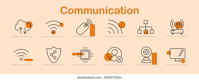 Icono de conjunto de comunicación. Nube, Wi-Fi, mouse, Cargar, señal, router, inalámbrico, conexión, datos, red, tecnología, digital, internet, comunicación, sistema, seguridad.