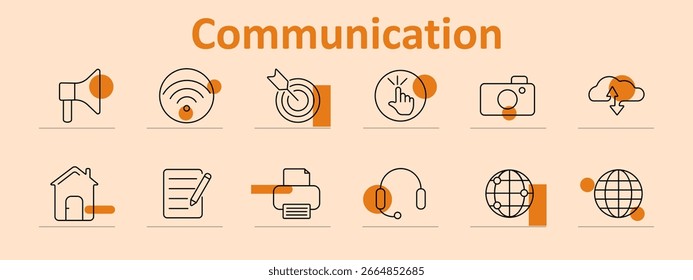 Icono de conjunto de comunicación. Contiene altavoz, señal, objetivo, mano del Hacer clic, cámara, nube de Descarga, casa, impresora, auriculares, globo, cada uno se muestra en forma de contorno nítido
