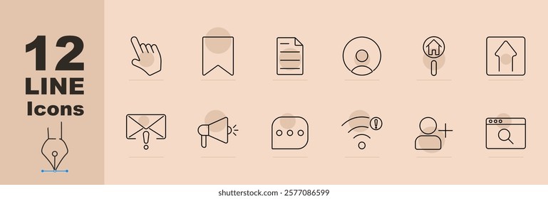 Communication set icon Cursor, bookmark, document, profile, house search, upload, alert message, megaphone, chat, weak signal, user add, browser search. Communication, interaction, notifications