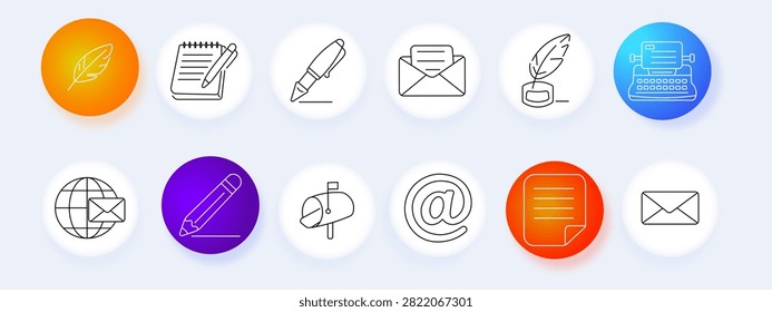 Communication set icon. Feather writing, notebook planning, fountain pen, envelope message, typewriter document, mailbox delivery, digital correspondence, electronic contact