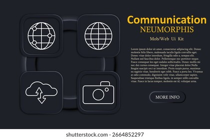 Communication set icon. Globe with nodes, plain globe, cloud with arrows, camera drawn in thin white outlines on neumorphic dark background squares
