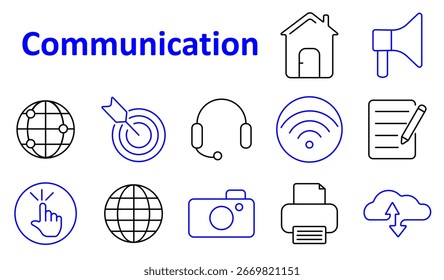 Communication set icon. Includes globe, target, headset, wifi, paper, pen, click hand, camera, printer, upload, digital symbols, home, speaker, web, signal, document