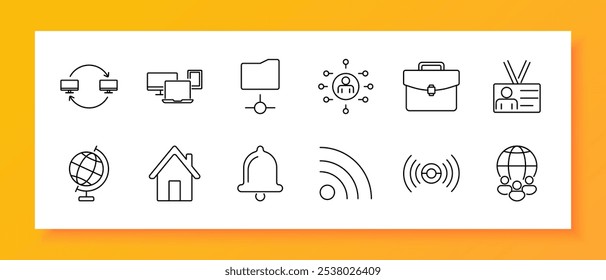 Ícone de conjunto de comunicações. Laptop, headset, sem fio, notificação, pasta, casa, nuvem, compartilhamento de arquivos, comunicação global. Os ícones destacam as tecnologias de comunicação e de rede on-line