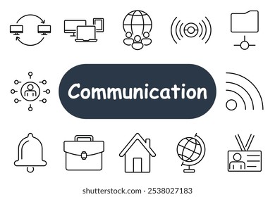 Kommunikationssatzsymbol. Notebook, Headset, Wireless, Benachrichtigung, Aktenkoffer, Home, Cloud, Dateifreigabe, globale Kommunikation. Kommunikationstechnologien und Online-Vernetzung.