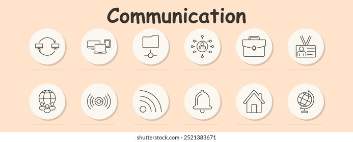 Communication set icon. Map, globe, desk lamp, cloud upload, cloud download, speech, list, email, laptop, network, connection, conference, broadcast, communication, headset, technology.